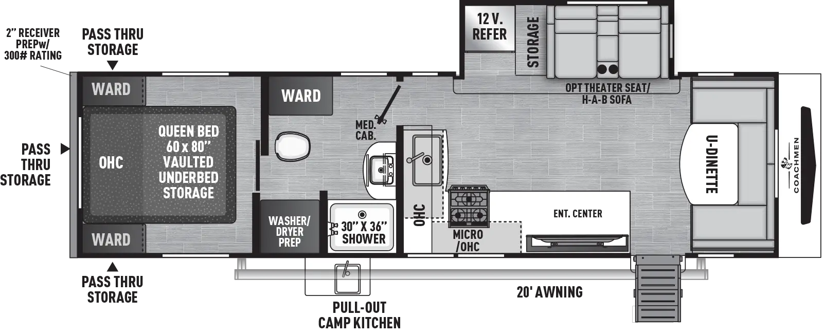 The 298FDS has one slideout and one entry. Exterior features rear pass-thru storage, 20 foot awning, and pull-out camp kitchen. Interior layout front to back: u-dinette; off-door side slideout with theater seat/hide-a-bed sofa, storage, and refrigerator; door side entry, kitchen counter, tv, overhead cabinet, microwave, counter wraps to inner wall with sink; pass-thru split full bathroom with wardrobe, and washer/dryer prep; rear front-facing queen bed with vaulted underbed storage, overhead cabinet, and wardrobes on each side.